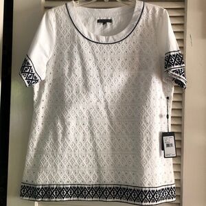 White eyelet blouse with Navy/Black eyelet trim XL Adrianna Papell New with Tags